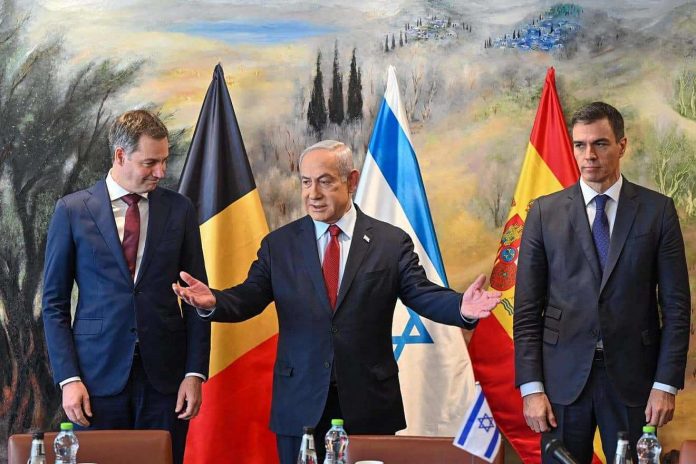 Israeli Prime Minister Benjamin Netanyahu meets in Jerusalem with his Belgian and Spanish counterparts, Alexander De Croo (left) and Pedro Sánchez, Nov. 23, 2023. Photo by Kobi Gideon-GPO.